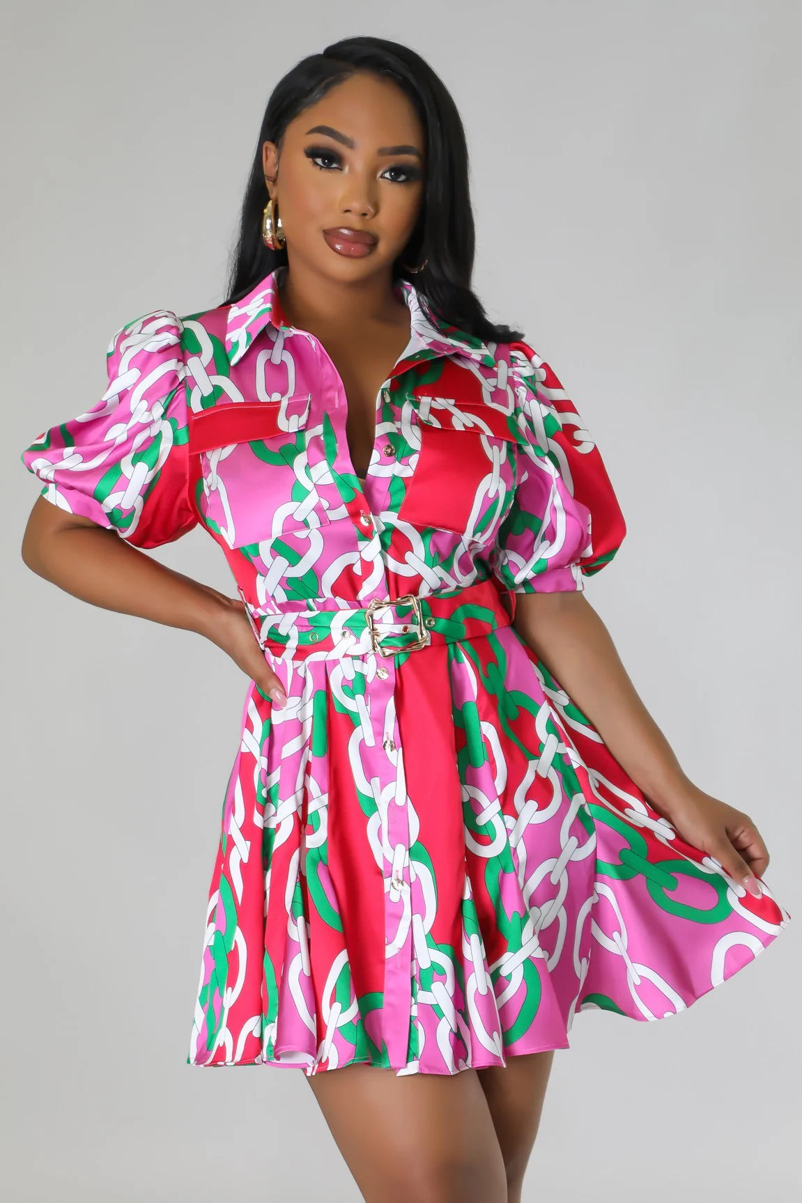 Printed belted short sleeve shirt dress