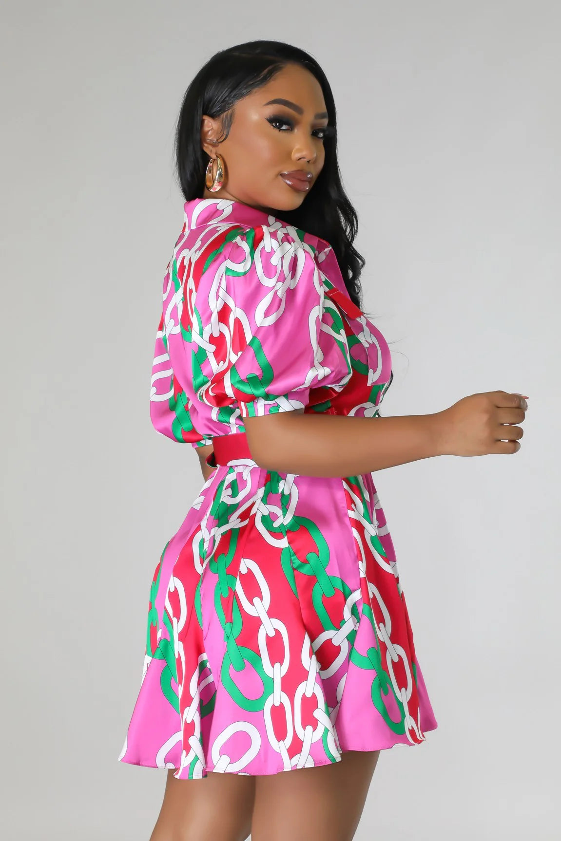 Printed belted short sleeve shirt dress